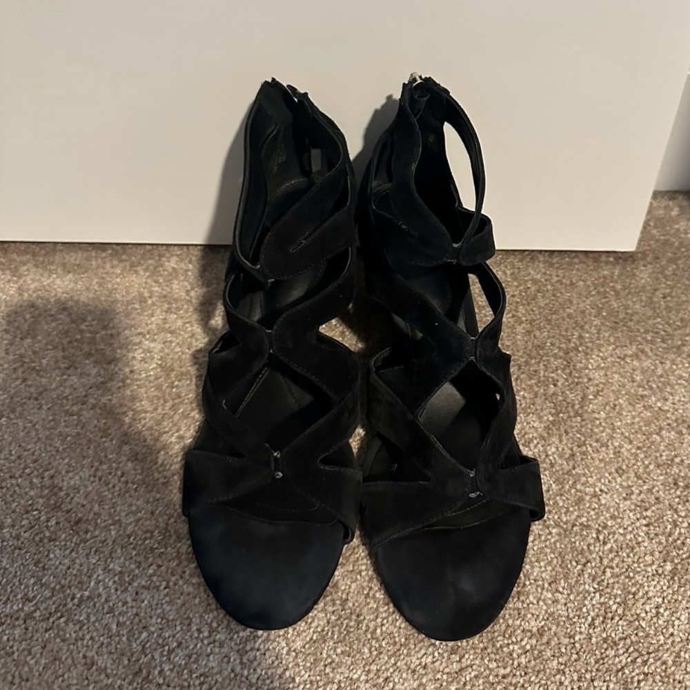 Size 11 Black Open Toe Wedge Heels - Zipper Back